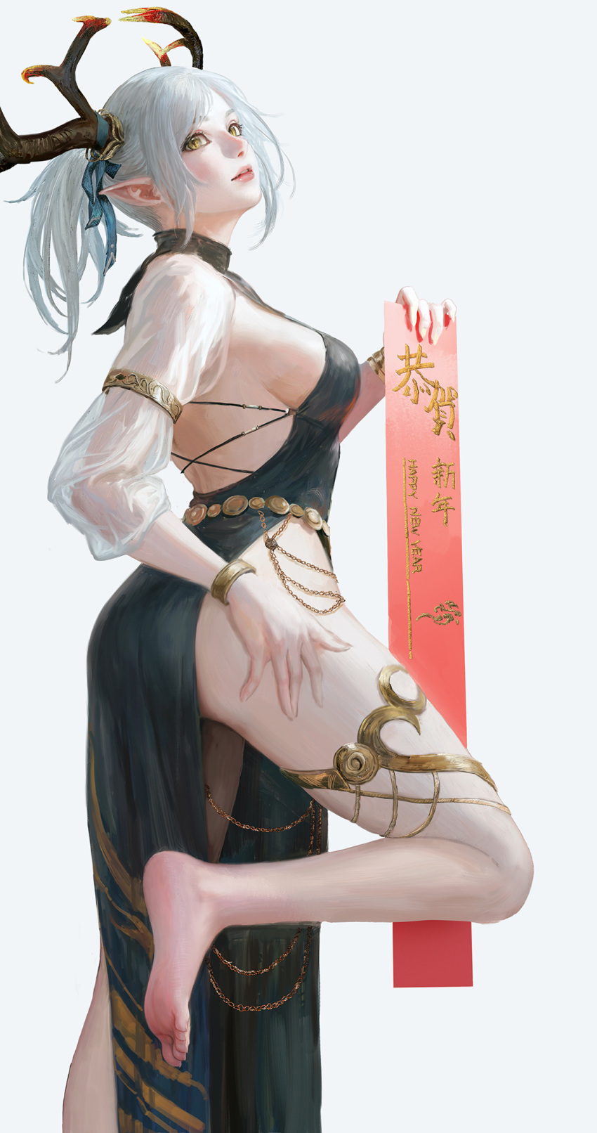 back_view barefoot big_ass big_breasts big_butt d_mi24 elf_ears feet feet_up horns long_sleeves looking_at_viewer looking_back oc original_character see-through see-through_clothing sideboob skirt slim_waist thick_thighs thighhighs tied_hair white_hair wide_hips yellow_eyes