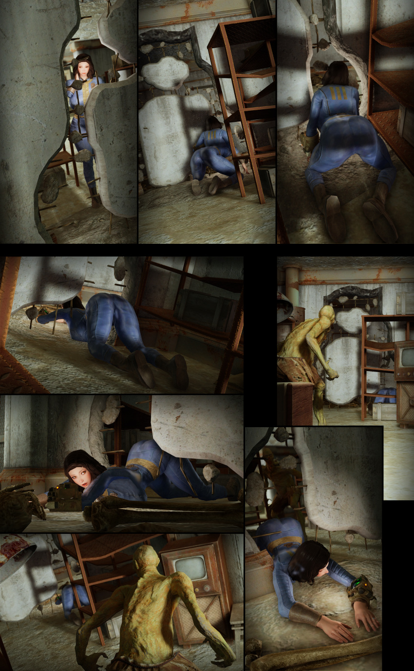 3d ass_focus bethesda_softworks bodysuit emotrashcan fallout ghoul_(fallout) imminent_rape screenshot screenshot_edit stuck stuck_in_wall vault_dweller vault_suit