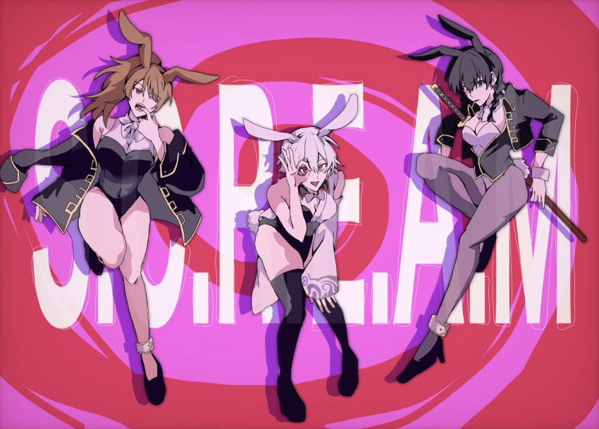 3girls adapted_costume alternate_body_type alternate_costume black_hair black_legwear braided_hair brown_hair bunny_ears bunny_girl bunny_tail bunnysuit canon_genderswap cleavage female female_only full_body genderswap_(mtf) ginko_sakata gintama gintoki_sakata hijikata_tenko hijikata_toshiro jacket long_hair okita_sougo okita_souko pantyhose playboy_bunny ponytail red_eyes rule_63 shinsengumi_(gintama) short_hair side_ponytail twin_braids v5tat white_hair