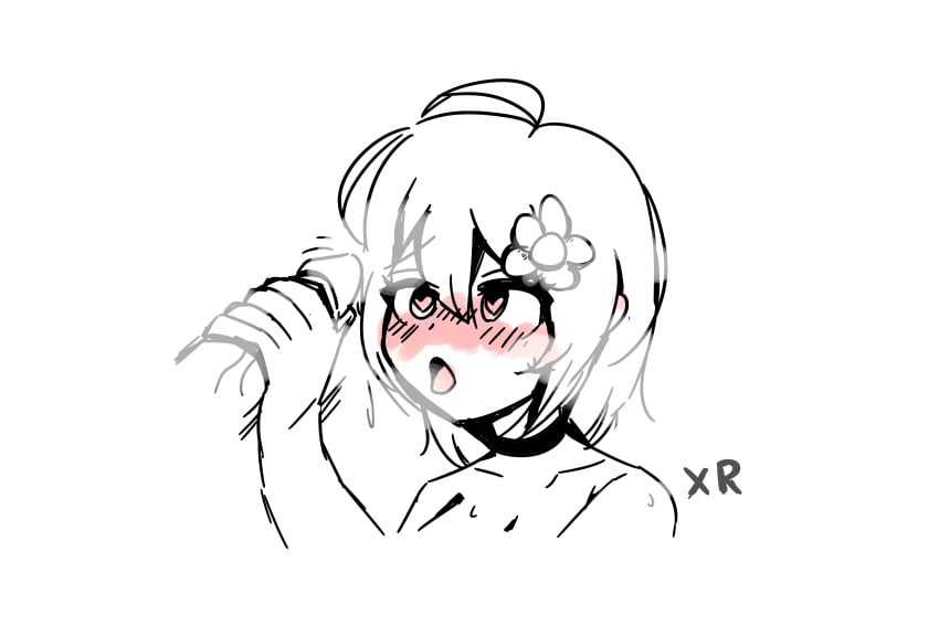 blush choker cum_drip doodle female flower_in_hair heart-shaped_pupils imxr24 original_character penis short_hair signature stroking_penis tongue_out uncensored white_background