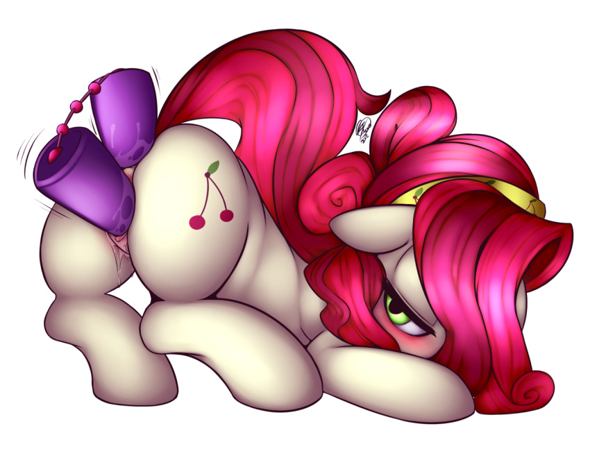 anal ass ass_up blush ass cherry_jubilee_(mlp) clitoris cutie_mark dildo female friendship_is_magic hair looking_back my_little_pony nude penetration pussy red_hair sex_toy solo vaginal_penetration vaginal_penetration