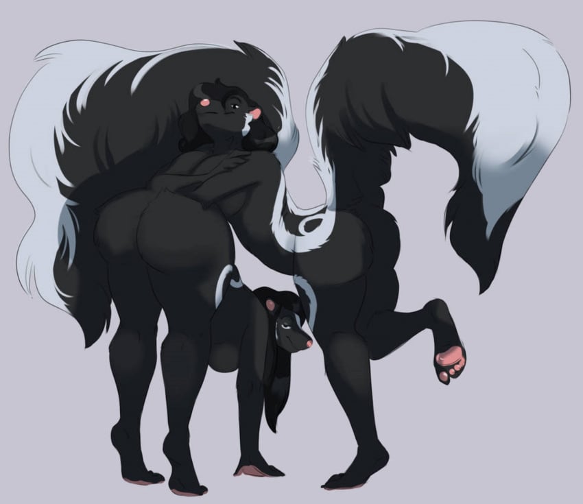 anthro ass bent_over big_tail breasts bubble_butt duo faeseiren female female/female hi_res mammal mephitid mooning nude nude_female pose posing_for_picture sibling_(lore) skunk smile tail twins_(lore)