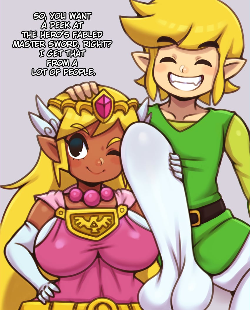 1boy 1girls alternate_breast_size big_balls big_breasts big_penis blonde_female blonde_hair dark-skinned_female dialogue dress elf erection erection_under_clothes female gloves hand_on_head hand_on_penis huge_bulge huge_cock link male matospectoru penis_against_face princess_zelda shortstack smile tetra the_legend_of_zelda the_wind_waker tiara toon_link toon_zelda wind_waker wink young