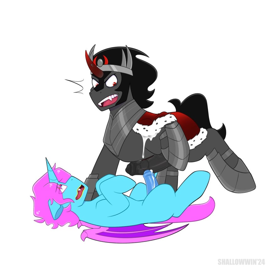 alicorn animal_genitalia animal_penis armor bat_wings blue_body blue_fur chroma_wave crown duo equid equine equine_genitalia equine_penis fangs feral feral_on_feral feral_only friendship_is_magic fur grey_body grey_fur hasbro horn horse king_sombra_(mlp) male male_focus male_only mammal my_little_pony open_mouth penis pony shallowwin unicorn wings