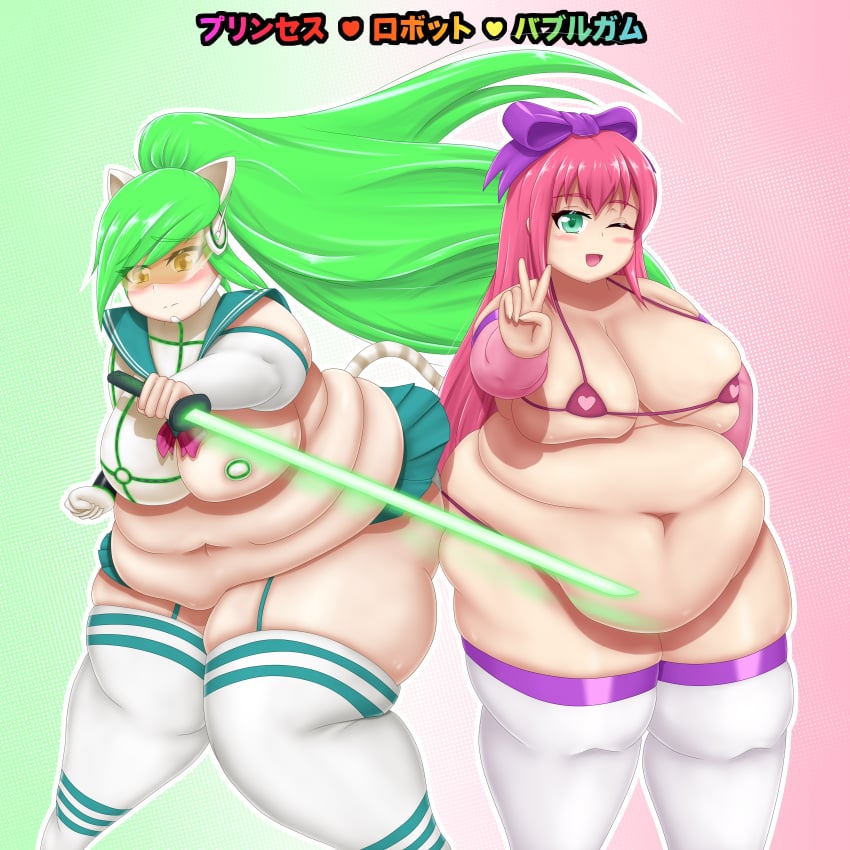 2020 2girls bbw big_belly bikini cat_ears chubby chubby_female fat grand_theft_auto grand_theft_auto_iv grand_theft_auto_v green_hair hair_ribbon hairbow japanese_text large_breasts logo multiple_girls obese obese_female pink_hair princess_robot_bubblegum princess_robot_bubblegum_(character) rockstar_games rocksteady_studios shiny_wasabi_kitty ssbbw stomach sword thebreadguardian