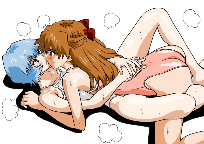 2girls ass asuka_langley_sohryu bare_legs bending_forward bending_over bent_over blue_hair blush breasts butt_crack catfight embrace female hugging human kissing light-skinned_female light_skin long_hair missionary missionary_position neon_genesis_evangelion one-piece_swimsuit orange_hair pale-skinned_female pale_skin red_hair rei_ayanami sexfight short_hair spread_legs sweat teenager wet_body wet_skin wrestling yuri yuutaku1618