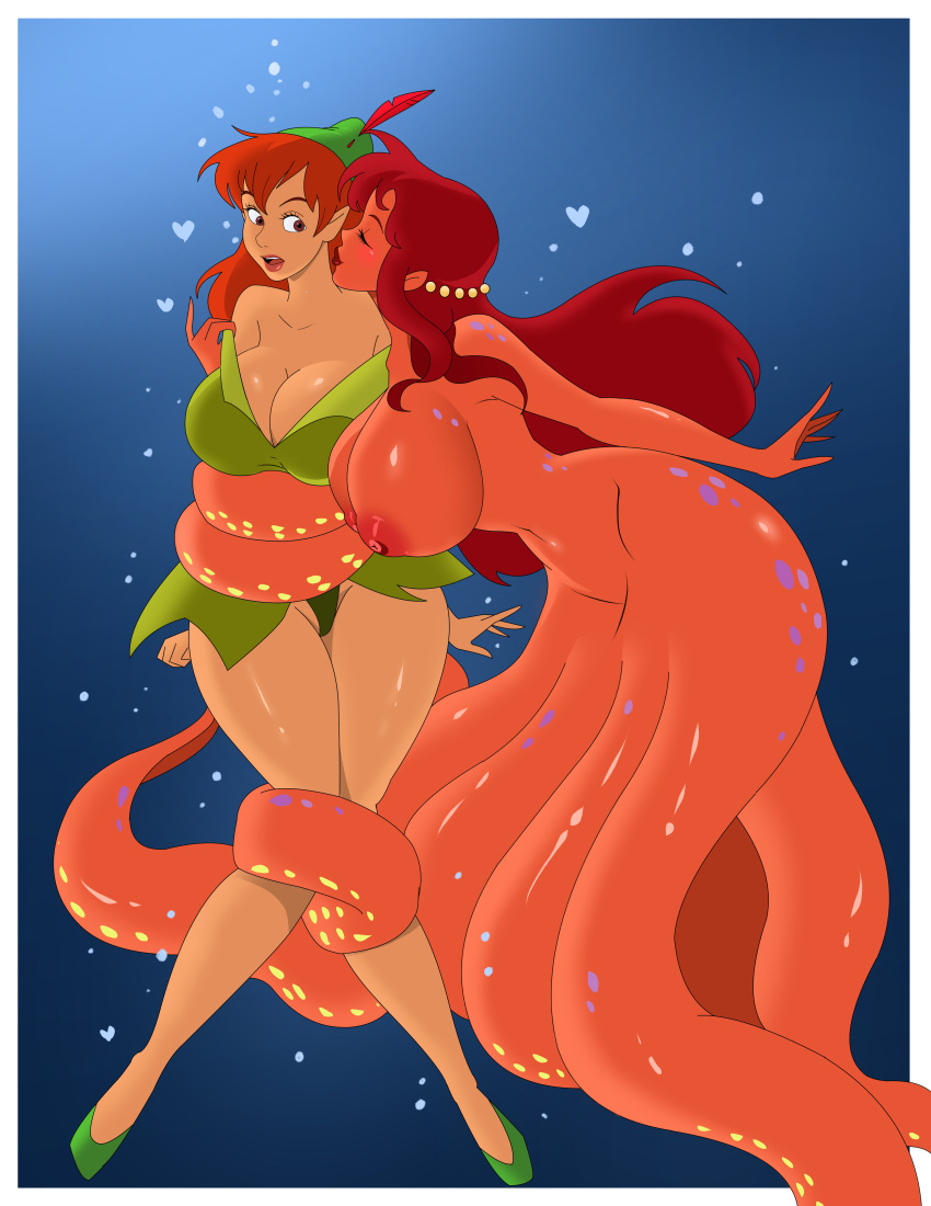 2girls big_breasts bound_arms bound_legs ghostlessm imminent_kiss multiple_girls octopus_girl octopus_humanoid octopus_tentacle peter_pan_(character) peter_pan_(disney) peter_pan_ii:_return_to_never_land rule_63 tentacle_grab tentacle_peril underwater yuri