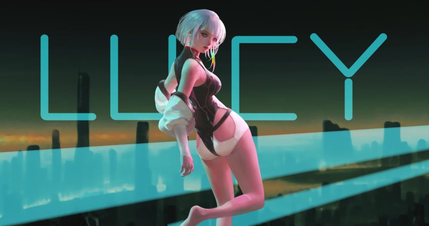 3d ass back_view bare_legs barefoot big_breasts bob_cut cyberpunk:_edgerunners d_mi24 feet feet_up looking_back lucyna_kushinada open_jacket sideboob white_hair