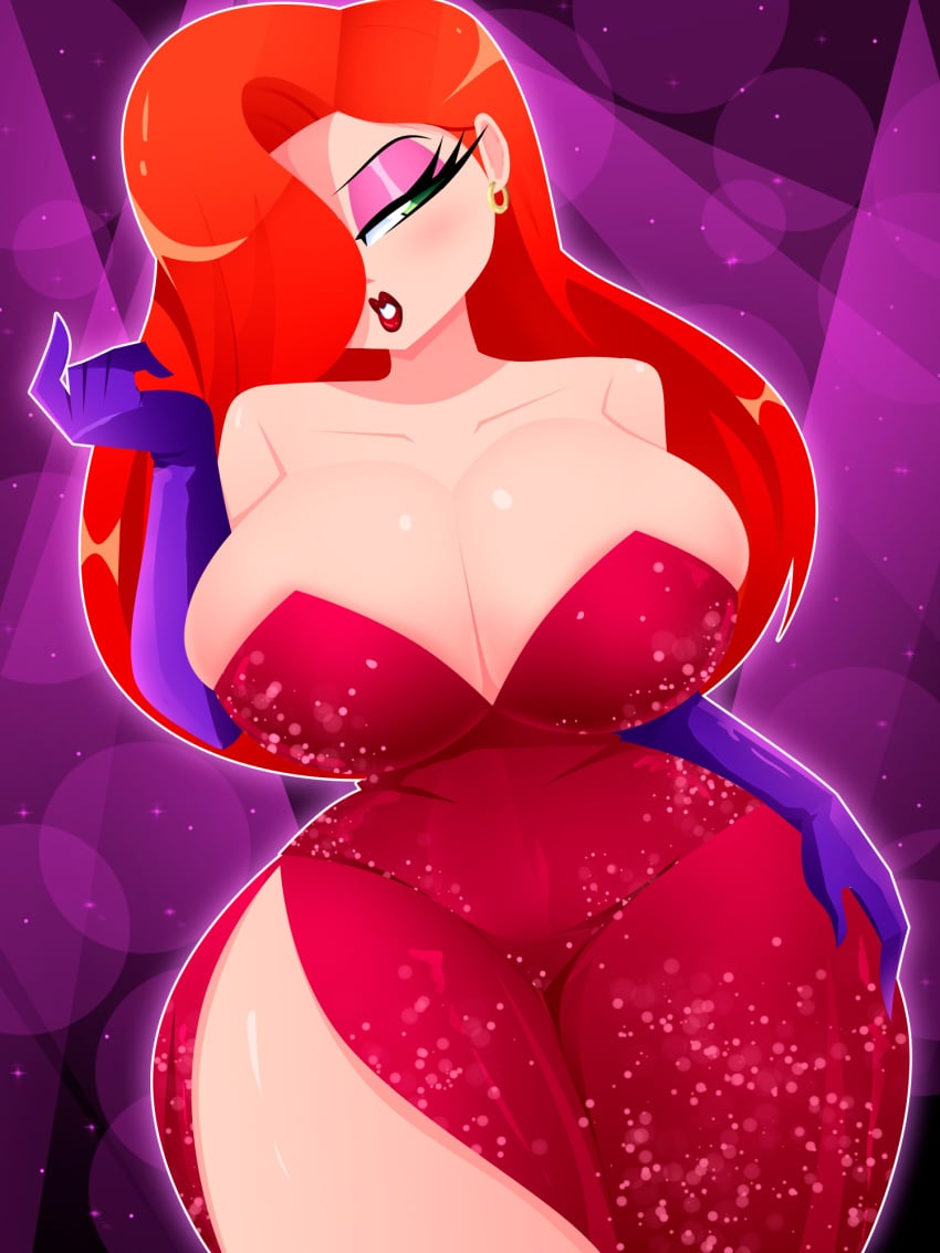 1girls big_breasts cleavage curvy curvy_figure earrings eyeshadow gloves green_eyes hair_over_one_eye huge_breasts jessica_rabbit large_breasts orange_hair purple_gloves red_dress solo_female sparkling_dress thick_thighs voluptuous voluptuous_female who_framed_roger_rabbit wide_hips xan-gelx(xan)