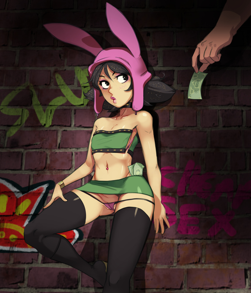 against_wall between_labia black_hair black_legwear bob's_burgers bunny_hat cameltoe choker hat highres innie_pussy leg_up legwear lipstick louise_belcher lowleg_panties microskirt money money_under_clothes navel navel_piercing panties pantyshot_(standing) petite piercing pink_hat pink_panties polyle prostitution short_hair sideways_glance small_breasts thighhighs tubetop underwear zettai_ryouiki