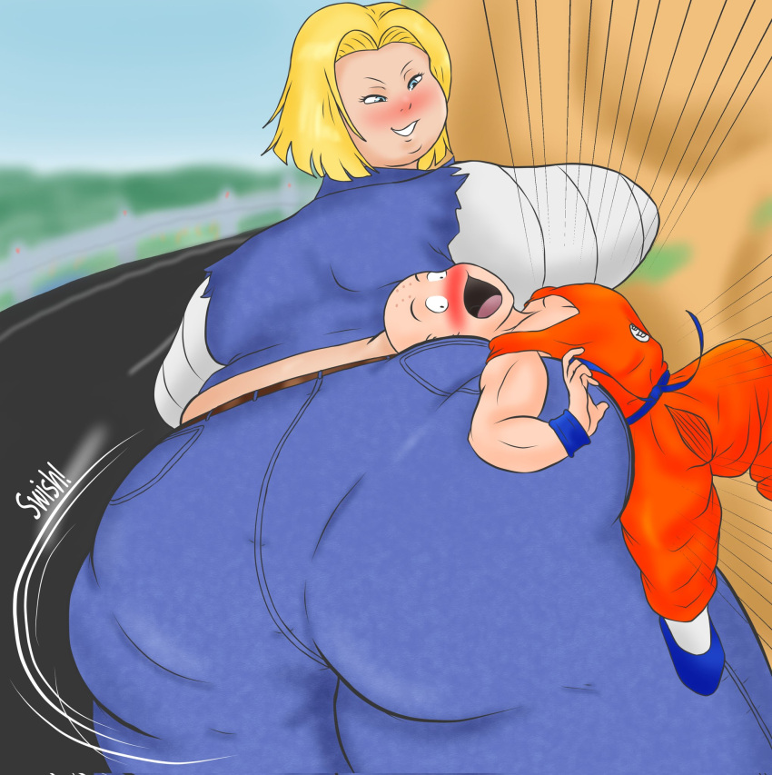 android android_18 ass ass_focus ass_shake bbw big_butt big_dom_small_sub blonde_female blonde_hair blonde_hair_female bump bumping butt_focus butt_shot chubby chubby_female cyborg dragon_ball dragon_ball_z husband_and_wife jeans krillin kuririn large_ass larger_female smaller_male