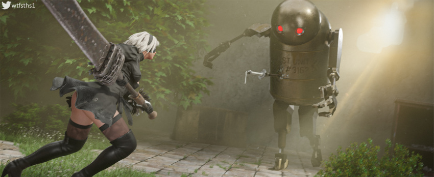 3d blindfold combat fanart female female_focus god_rays godrays green_background katana nier:_automata nier_(series) sunlight sword tree white_hair wtfsths yorha_2b