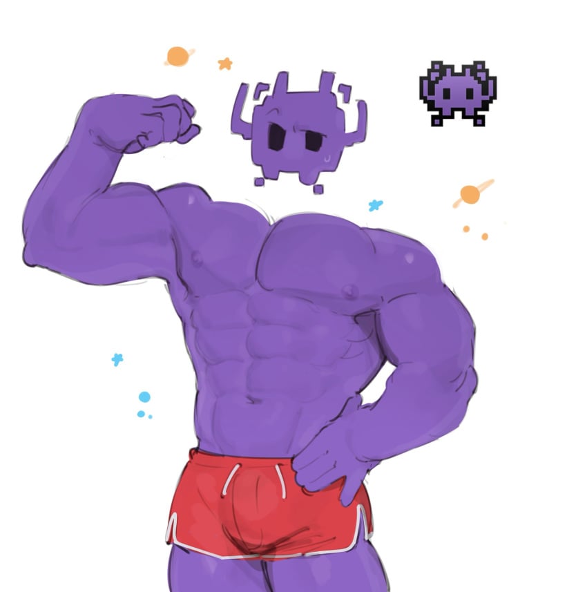 8bit abs anthrofied bottomwear bulge butt emoji emoji_(buff) emoji_(race) kogito male male_focus male_only male_solo muscular muscular_male purple_skin shorts solo_male space_invaders video_games