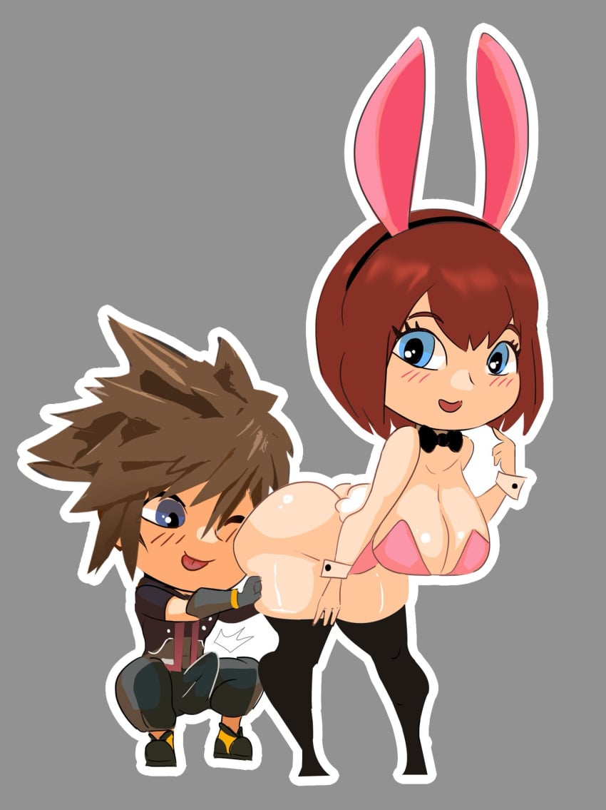 2d admiring ass_worship big_ass big_breasts boner_in_pants bunny_ears bunnysuit chibi disney female kairi kawaibutts kingdom_hearts light-skinned_female light_skin pale-skinned_female pale_skin red_hair simple_background solid_color_background sora staring_at_ass tagme thick_thighs thighhighs tongue_out