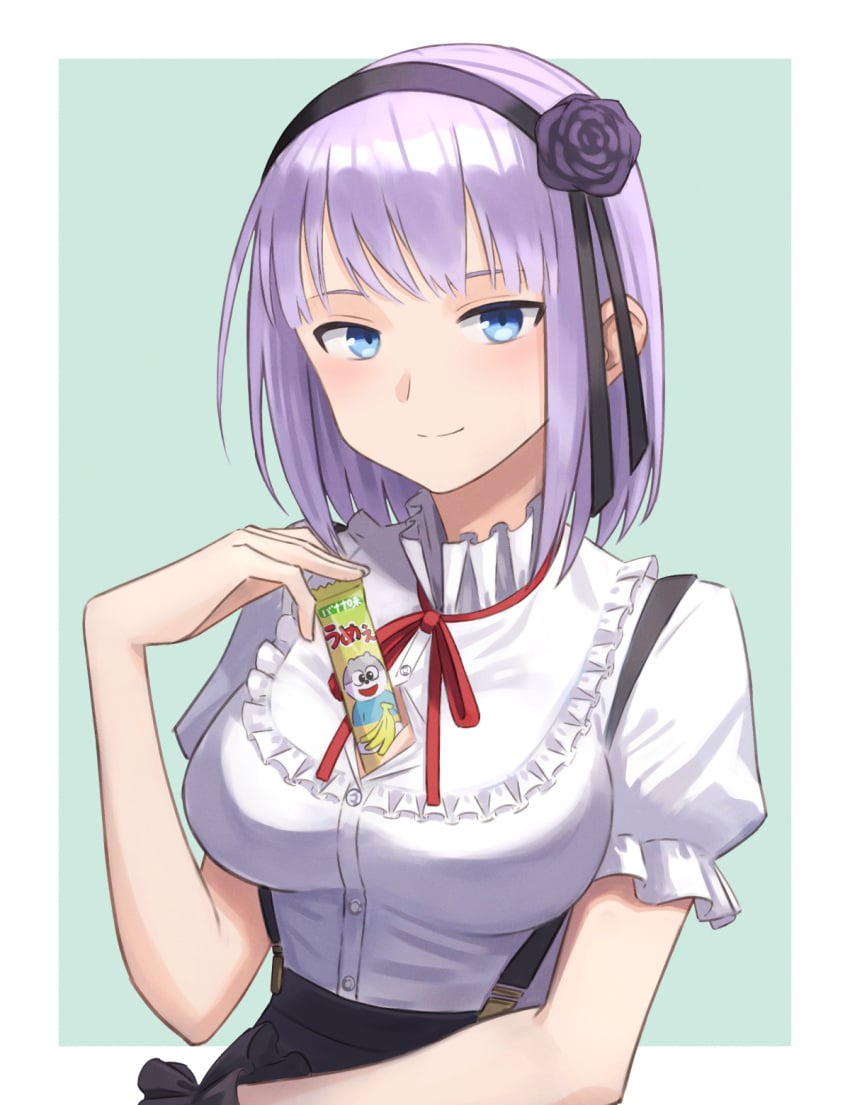 1girls between_breasts big_breasts blue_eyes breasts busty candy cleavage dagashi_kashi female food hair_ornament hairband half-closed_eyes highres large_breasts long_hair looking_at_viewer purple_hair seductive_smile sexually_suggestive shidare_hotaru short_hair skirt smile solo standing suspenders unbuttoned unbuttoned_shirt