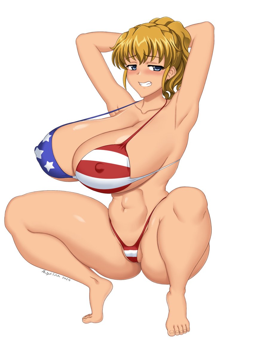 07th_expansion abridged-satoko american_flag american_flag_bikini arms_up bikini bikini_tan blonde_hair female huge_breasts jessica_ushiromiya squatting tanned umineko_no_naku_koro_ni