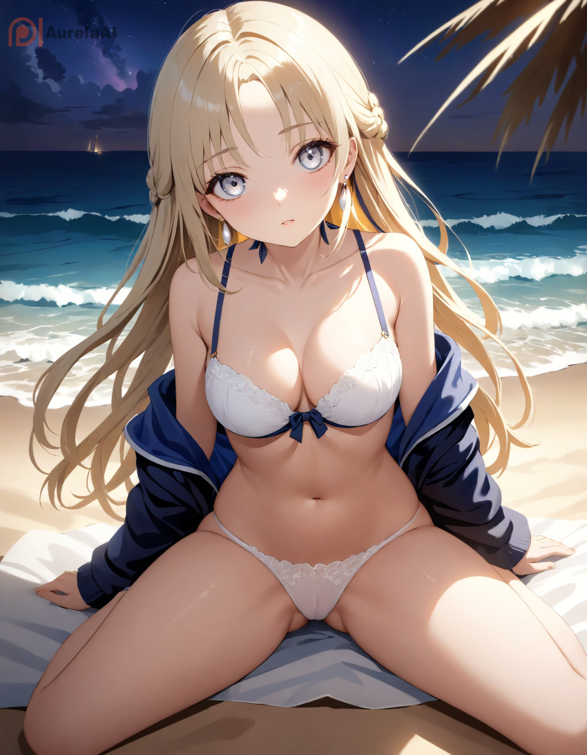 ai_generated aurelaai bangs bare_shoulders bikini blonde_hair blue_eyes blush bra braid breasts cleavage collarbone earrings female jacket jewelry large_breasts long_hair long_sleeves looking_at_viewer navel original panties solo stable_diffusion swimsuit thighs underwear white_panties