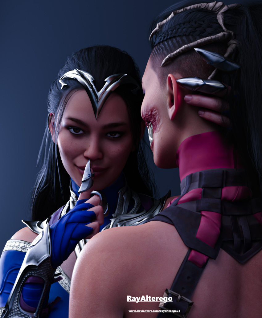 2girls 3d black_hair clone edenian eye_contact female female_only fingerless_gloves fully_clothed head_grab implied_kiss kitana kitana_(new_era) kiteena long_hair looking_at_viewer mileena mileena_(new_era) monster_girl mortal_kombat mortal_kombat_1_(2023) princess rayalterego23 royalty sisters smile sushing touching_face yuri