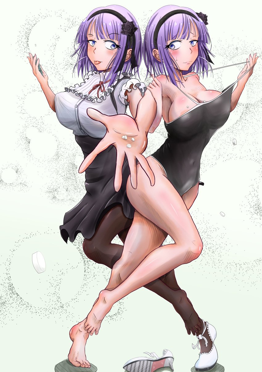 2girls areola_slip big_breasts blue_eyes breasts busty candy cleavage clothes_pull covered_erect_nipples covered_navel dagashi_kashi dual_persona feet female female_only food highres large_breasts leg_up legs looking_at_viewer medium_hair multiple_girls one-piece_swimsuit_pull outstretched_arm pantyhose pulled_by_self purple_hair see-through shidare_hotaru skirt smile suspenders teasing thighs