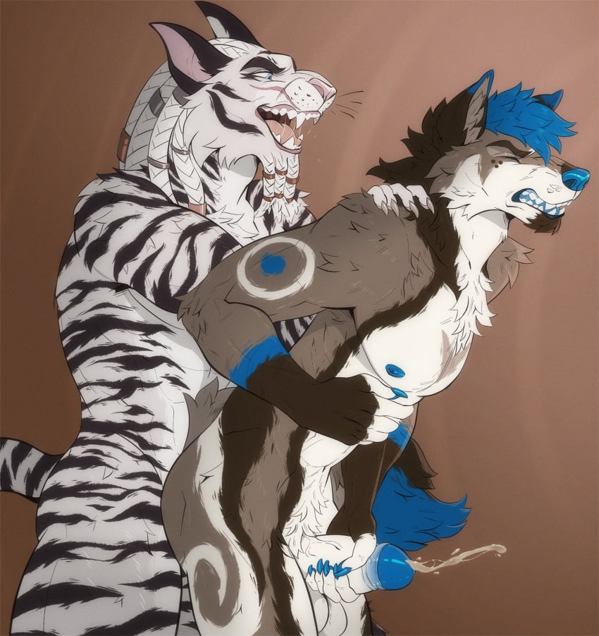 anal anal_sex animal_genitalia animal_penis balls beads bethesda_softworks black_stripes blue_hair blue_nipples bodily_fluids canid canine canis clenched_teeth cum darkfawks delightful_shiny_pie duo ejaculation felid from_behind_position fur genital_fluids genitals hair hi_res howlrunner khajiit male male/male mammal masturbation nipples paws penetration sex shoulder_grab simple_background stripes tail teeth the_elder_scrolls the_elder_scrolls_online white_body white_fur wolf