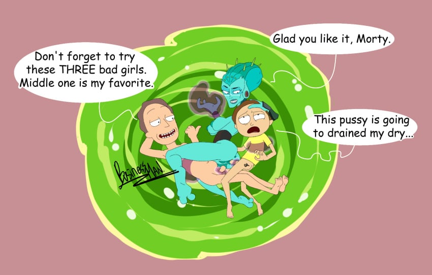 alien_girl blue_skin businessman_(artist) jerry_smith keara_(rick_and_morty) morty_smith rick_and_morty threesome