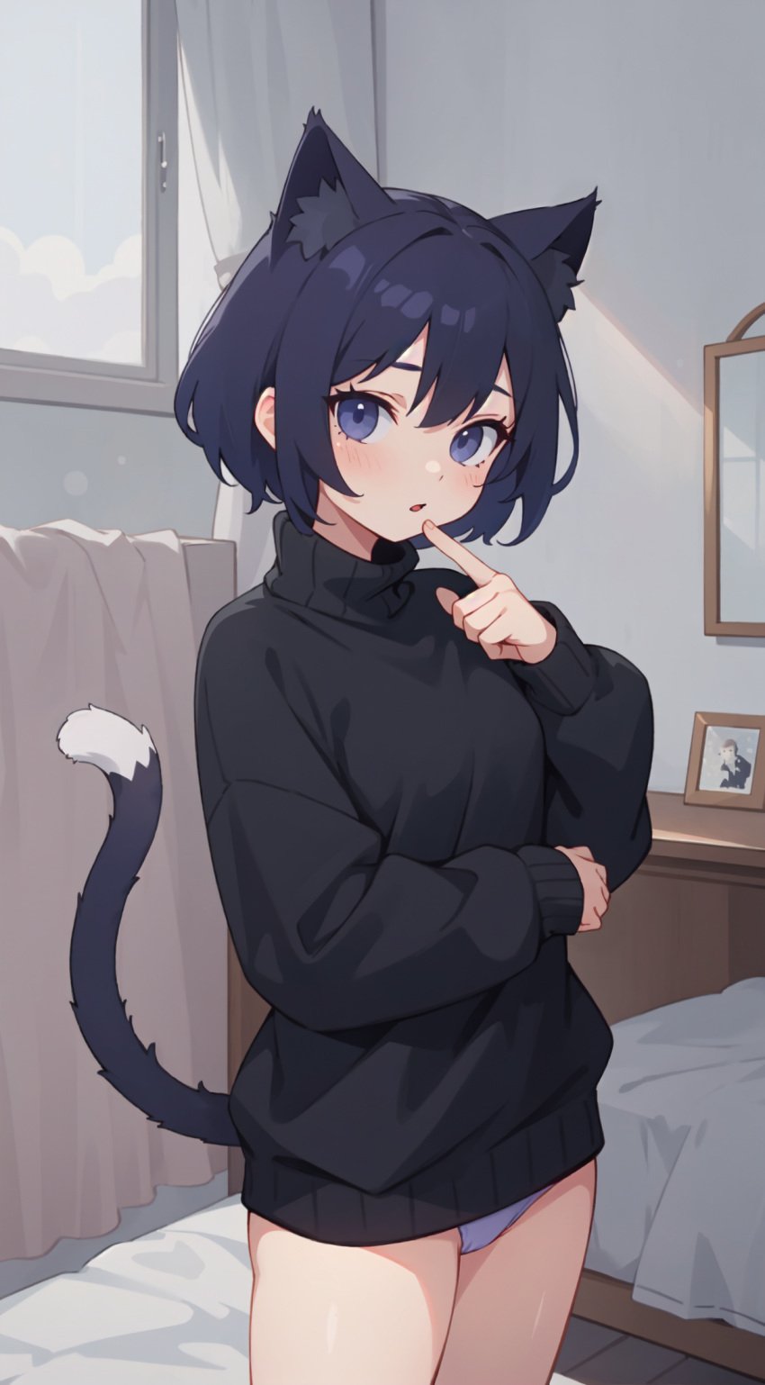 1girls ai_generated bed bedroom blue_eyes blue_hair cat_ears cat_girl cat_tail catgirl cute female female_focus female_only jorgecarlosai looking_at_viewer neko_girl nekomimi open_mouth panties purple_panties short_hair solo solo_female solo_focus sweater sweater_only tail