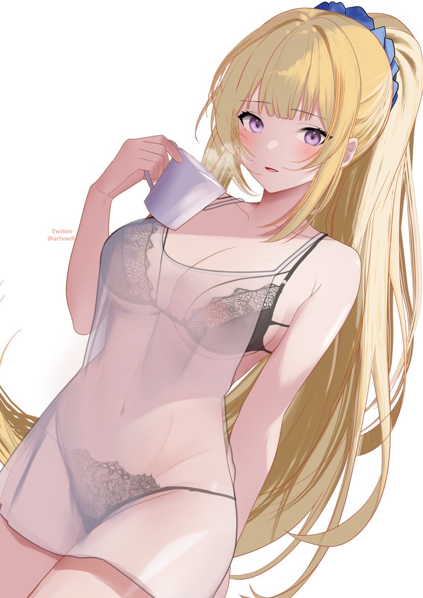 1girls absurdres bare_shoulders bikini black_bikini black_bra blonde_hair blush bra bra_visible_through_clothes breasts classroom_of_the_elite cleavage coffee_mug collarbone cup female female_only hair_ornament high_ponytail highres karuizawa_kei lace lace-trimmed_bra lace-trimmed_panties lace_trim large_breasts lingerie long_hair looking_at_viewer midriff mug navel nipples oversized_clothes oversized_shirt panties ponytail purple_eyes see-through see-through_cleavage see-through_shirt shirt simple_background solo swimsuit thighs underwear wet wet_clothes wet_shirt white_background white_shirt xueli_shimazaki