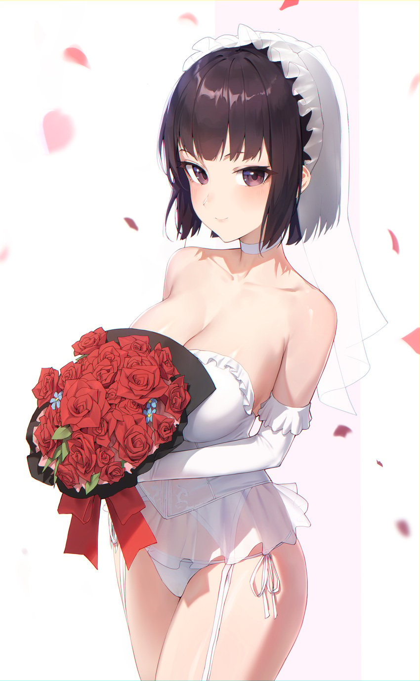 1girls absurdres alaskastomatoez bare_shoulders black_hair bouquet breasts bridal_veil bride brown_eyes cleavage closed_mouth collarbone commission corset cowboy_shot elbow_gloves falling_petals female female female_only fire_emblem fire_emblem:_thracia_776 flower garter_straps gloves highres holding holding_bouquet large_breasts nintendo olwen_(fire_emblem) panties petals rose short_hair side-tie_panties simple_background smile solo underwear veil white_background white_gloves white_panties