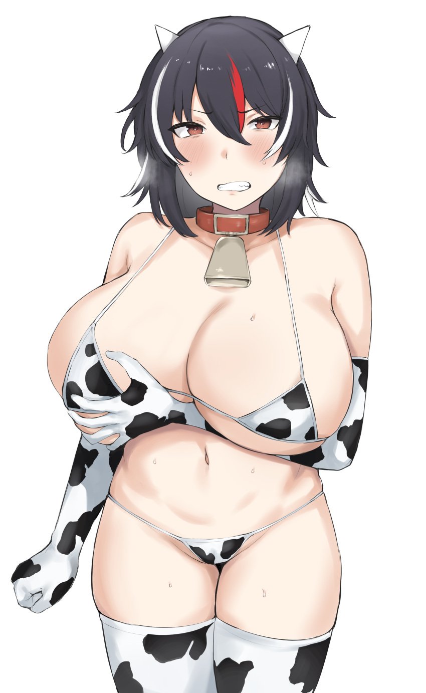 absurdres animal_print annoyed arm_under_breasts bell bikini black_hair blush breasts clenched_teeth collar cone_horns cow_print cow_print_bikini cowbell cowboy_shot elbow_gloves female gloves grabbing_own_breast hair_between_eyes highres horns huge_breasts ikeda_yamada kijin_seija looking_at_viewer medium_hair micro_bikini multicolored_hair navel print_bikini red_eyes seija_kijin simple_background solo streaked_hair swimsuit teeth thighhighs touhou white_background