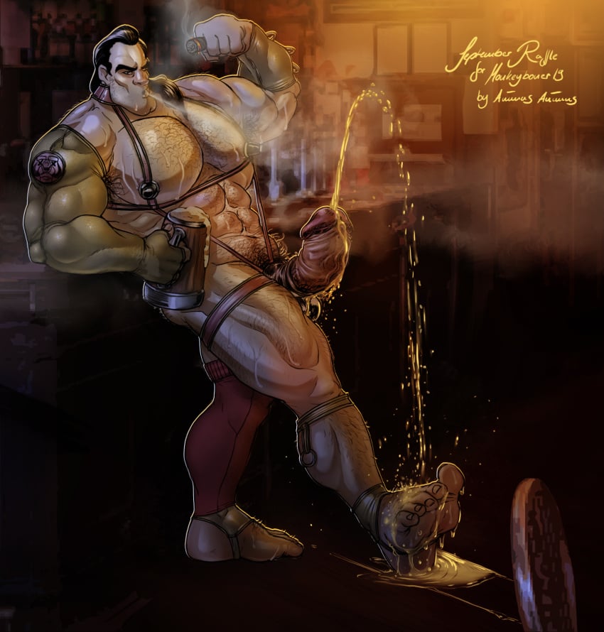 animasanimus balls bara beauty_and_the_beast boner cigar disney erection flexing gaston harness human male male_only muscles muscular peeing penis smoke solo solo_male sweat sweating urination urine