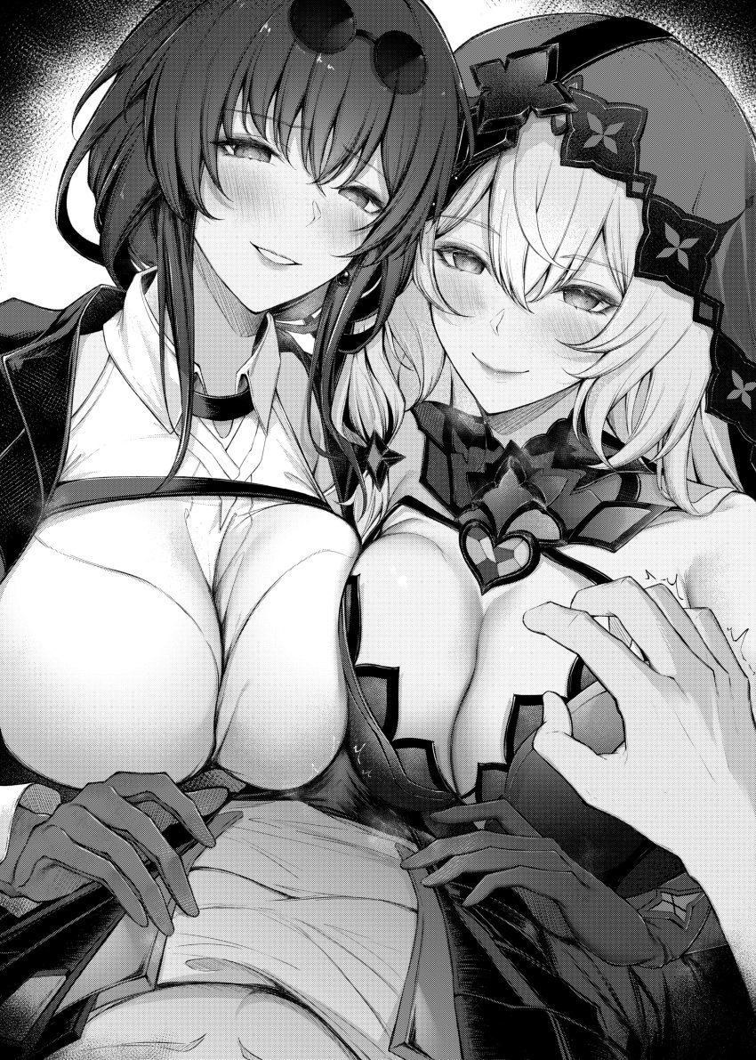 1boy 2girls black_swan_(honkai:_star_rail) boner_in_pants breasts breasts_on_penis caelus_(honkai:_star_rail) highres honkai:_star_rail kafka_(honkai:_star_rail) looking_at_viewer mature_female pov sandwiched smile smiling_at_viewer straight touching_chest veil