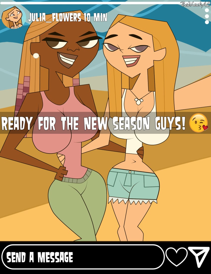 2girls badluckae blonde_hair busty female female_focus female_only hourglass_figure julia_(tdi) long_hair multiple_girls nichelle_(tdi) tagme total_drama_island total_drama_island_(2023) wide_hips