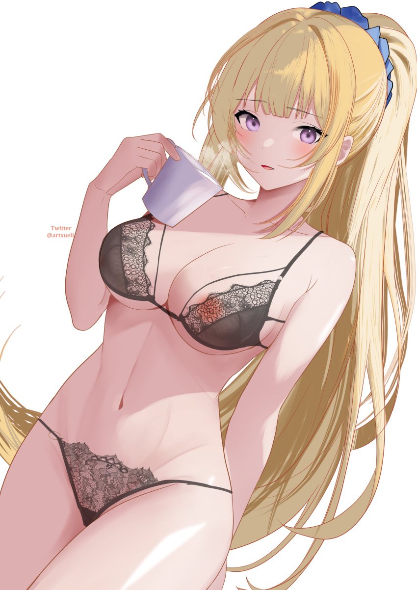 1girls absurdres bare_shoulders bikini black_bikini black_bra black_panties blonde_hair blush bra breasts classroom_of_the_elite cleavage clothing coffee_mug collarbone cup female female_only hair_ornament high_ponytail highres karuizawa_kei lace lace-trimmed_bra lace-trimmed_panties lace_trim large_breasts legs_together lingerie long_hair looking_at_viewer matching_underwear midriff mug navel nipples open_mouth panties ponytail purple_eyes see-through see-through_cleavage see-through_shirt shirt simple_background solo swimsuit thighs underwear wet wet_clothes wet_shirt white_background white_shirt wide_hips xueli_shimazaki