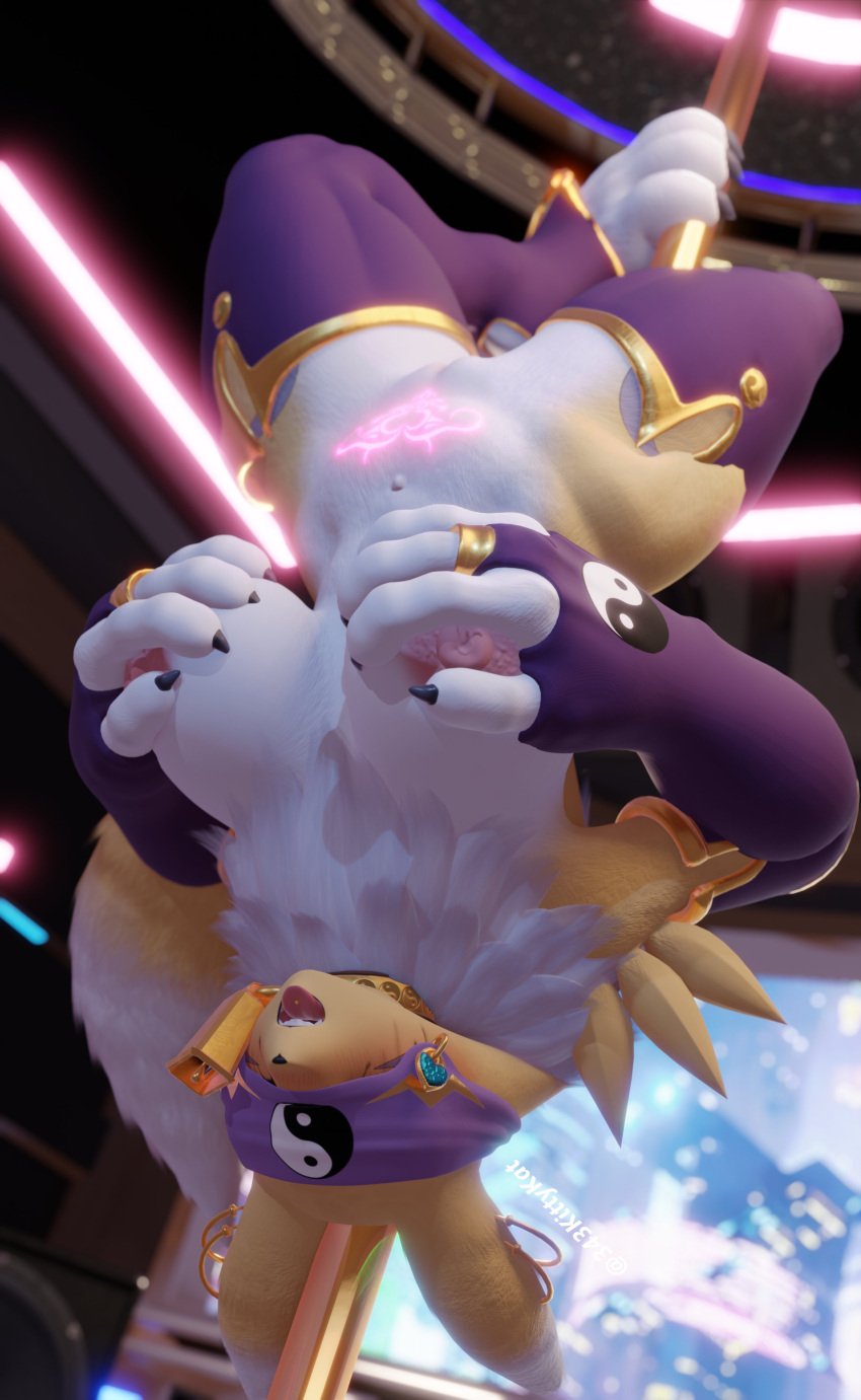 1girls 2024 343kittykat 3d 3d_(artwork) 4_fingers absurdres anthro areola areolae bandai_namco big_breasts big_hands big_thighs breasts chest_tuft cleavage covered_eyes cow_bell cow_bell_collar digimon digimon_(species) earrings female female_focus fur furry furry_female hi_res highres hips jewelry large_breasts large_thighs mammal nipples pussy renamon renamon_(dogzeela) smile smiling stripper_pole stripping tail thick_tail thick_thighs thighs tongue tongue_out upside-down vagina wide_hips yellow_fur