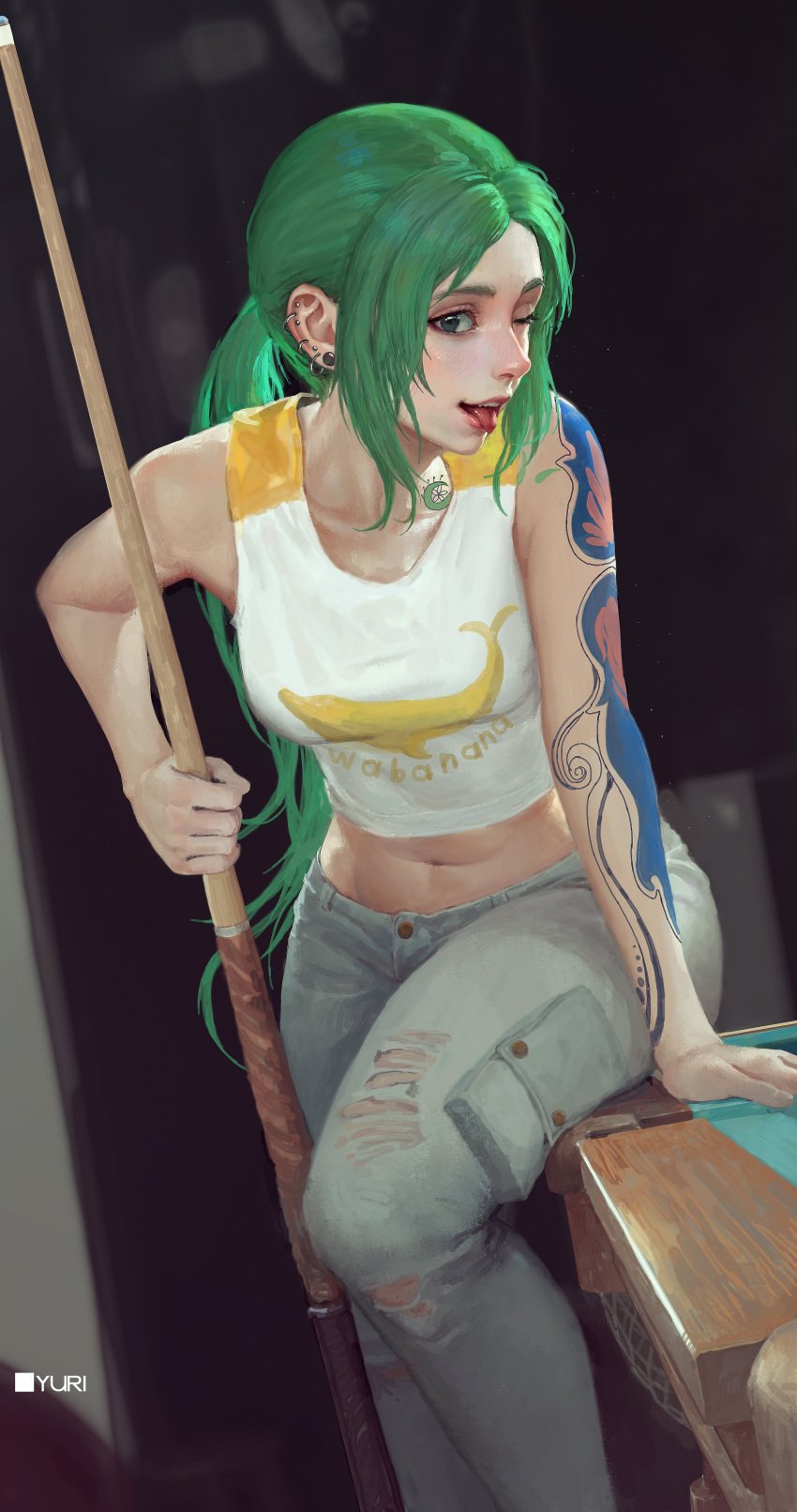 arm_tattoo bare_arms belly_button coral_island d_mi24 ear_piercing earrings female green_hair leaning_forward long_hair looking_at_viewer one_eye_closed pants ripped_pants short_shirt sitting slim_waist tattoo thick_thighs tied_hair tongue_out wide_hips work_clothes yuri_(coral_island)