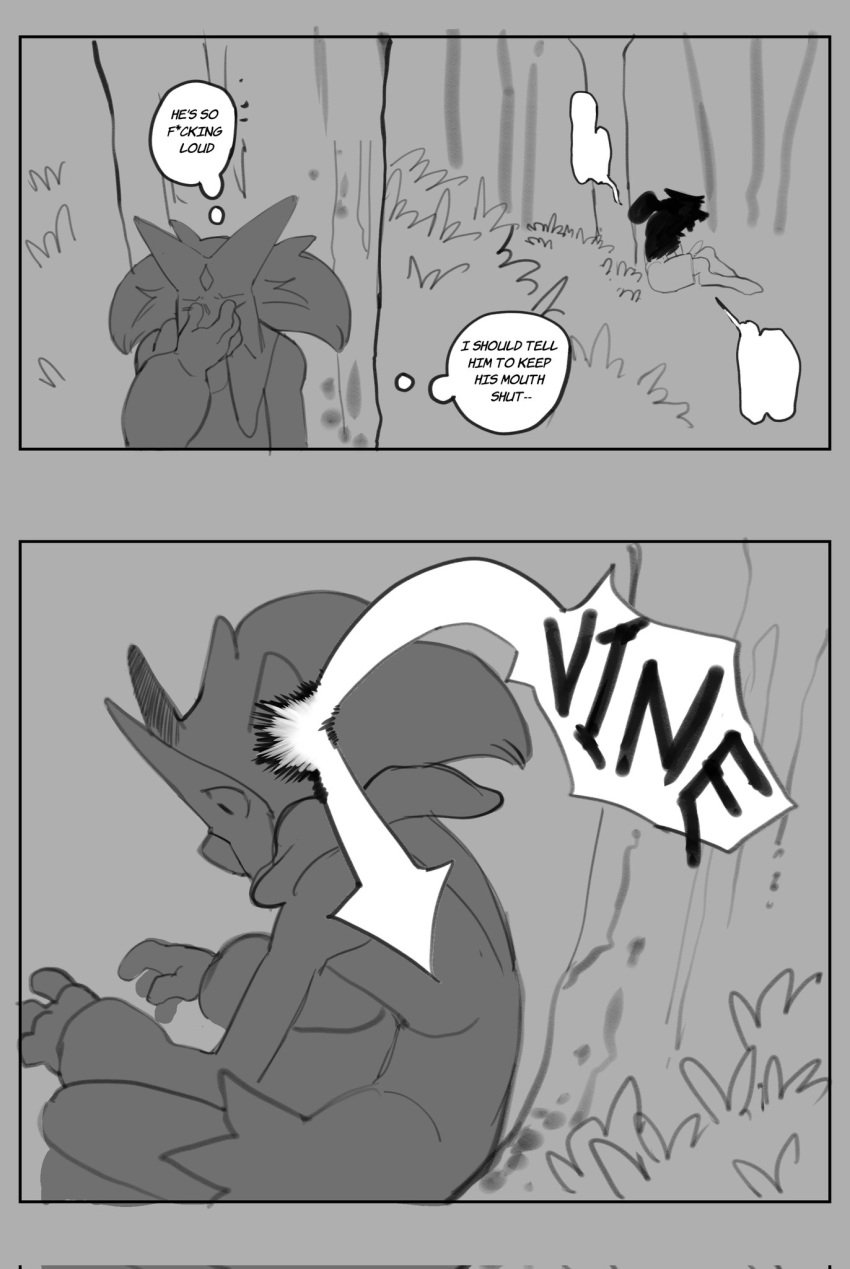 anthro comic duo forest generation_4_pokemon generation_9_pokemon genitals hi_res lucario male masturbation meowscarada monochrome nintendo open_mouth penis plant pokemon pokemon_(species) samu_(sincastermon) sincastermon surprised_expression tree vine_(sincastermon)