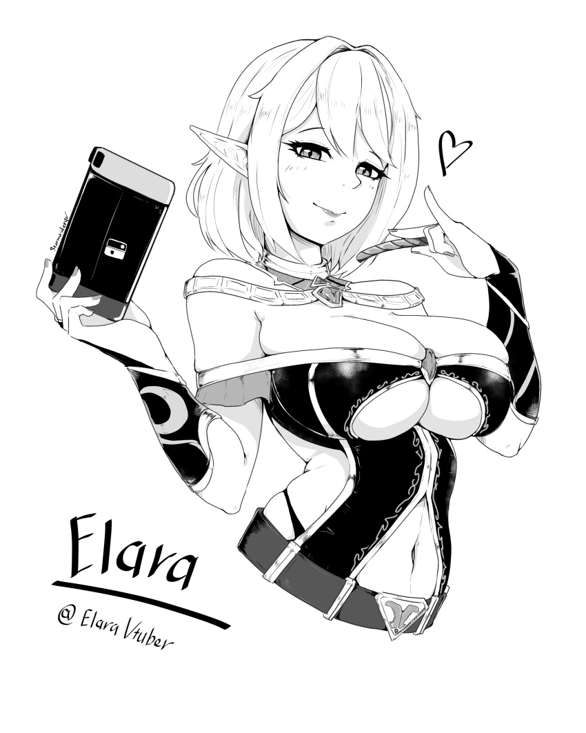 big_breasts breasts cleavage doodle elara_(vtuber) elf elf_ears elf_female grayscale greyscale half_body heart holding holding_nintendo_switch huge_breasts indie_virtual_youtuber line_art looking_at_viewer monochrome nintendo_switch revealing_clothes revealing_outfit sfw short_hair simple_background smile twitch twitch.tv virtual_youtuber vtuber white_background