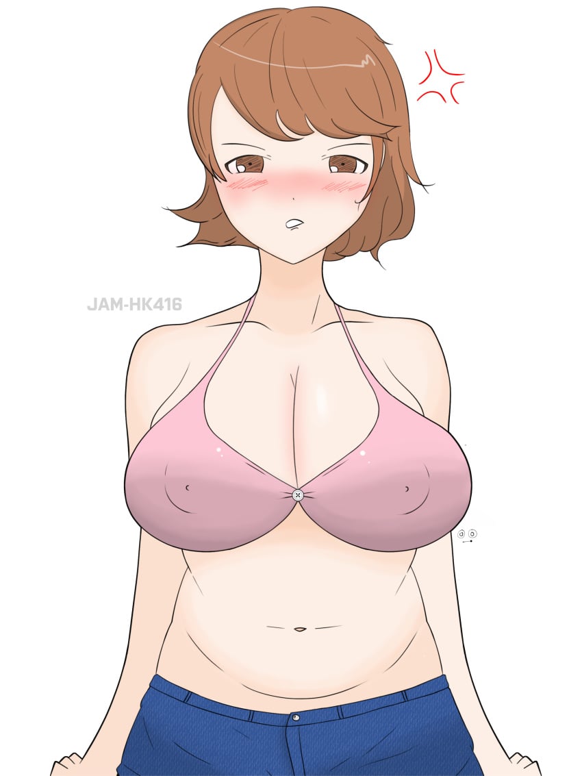 3:4 angry angry_face artist_name bbw belly bikini bikini_top blush breasts brown_eyes brown_hair chubby cleavage embarrassed female female_focus female_only glare gradient_background hi_res jean_shorts large_breasts looking_at_viewer nipple_bulge persona persona_3 self_upload short_hair solo solo_female swimsuit takeba_yukari tummy variant_set yukari_takeba