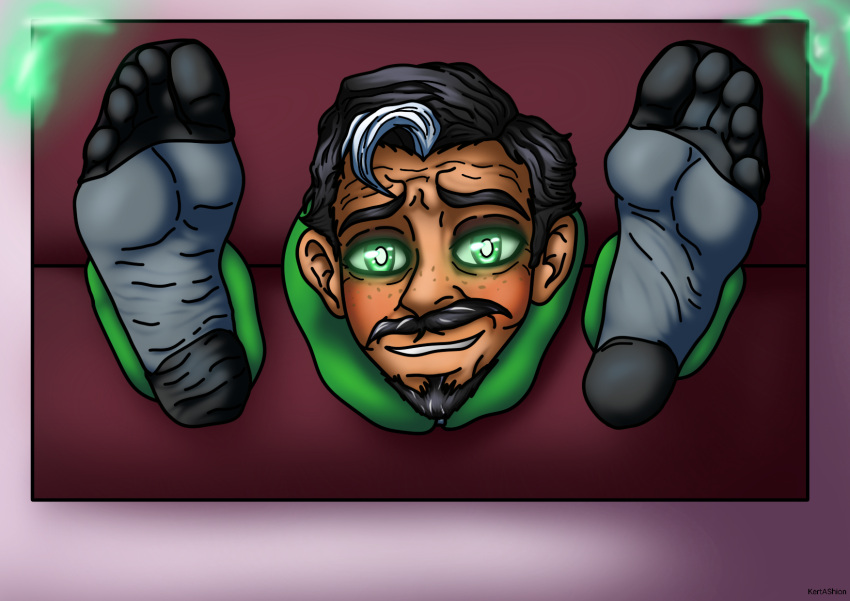 1boy 5_toes black_hair bondage daddy disembodied_feet disembodied_head embarrassed_male facial_hair father feet foot_fetish foot_focus goatee green_eyes human kertashion_(artist) magic male male_only mustache nervous_smile no_visible_genitalia old_man older_male original_character presenting_feet sheer_socks shining_eyes socks solo stockings stocks trophy trophy_head trophy_wall two_tone_hair two_tone_skin white_hair