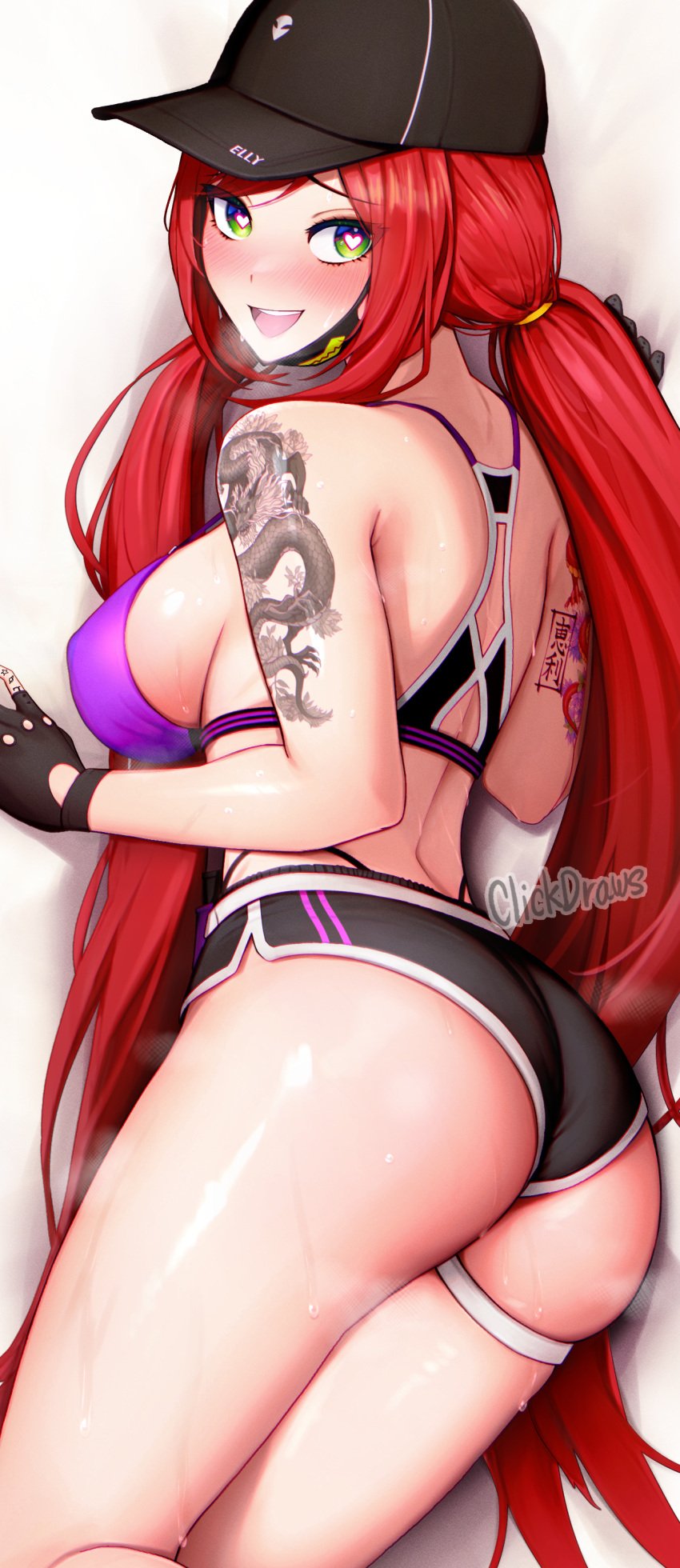 1girls ass baseball_cap big_ass blush cape clickdraws dakimakura elly_(vtuber) female female_only fully_clothed green_eyes hat heart-shaped_pupils indie_virtual_youtuber looking_at_viewer looking_back open_mouth red_hair revealing_clothes skimpy_clothes tattoo tattooed_arm tattoos virtual_youtuber vtuber watermark