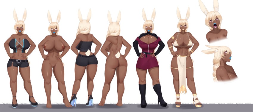 animal_ears animal_tail big_breasts blonde_hair bunny_ears bunny_girl bunny_tail character_sheet dark-skinned_female dark_skin dress female huge_breasts lipstick nude nude_female orange_eyes simple-phobiaxd tagme thick_thighs thighs