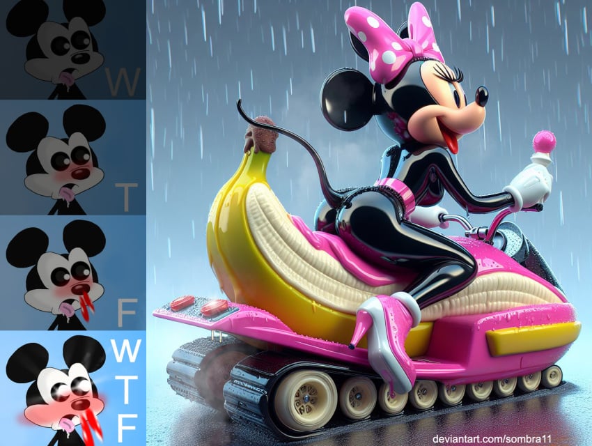 ai_generated anthro arched_back banana bodysuit cute drolling glossy_body high_heels latex meme meme_reference mickey_mouse minnie_mouse nosebleed sombra11 tongue_out