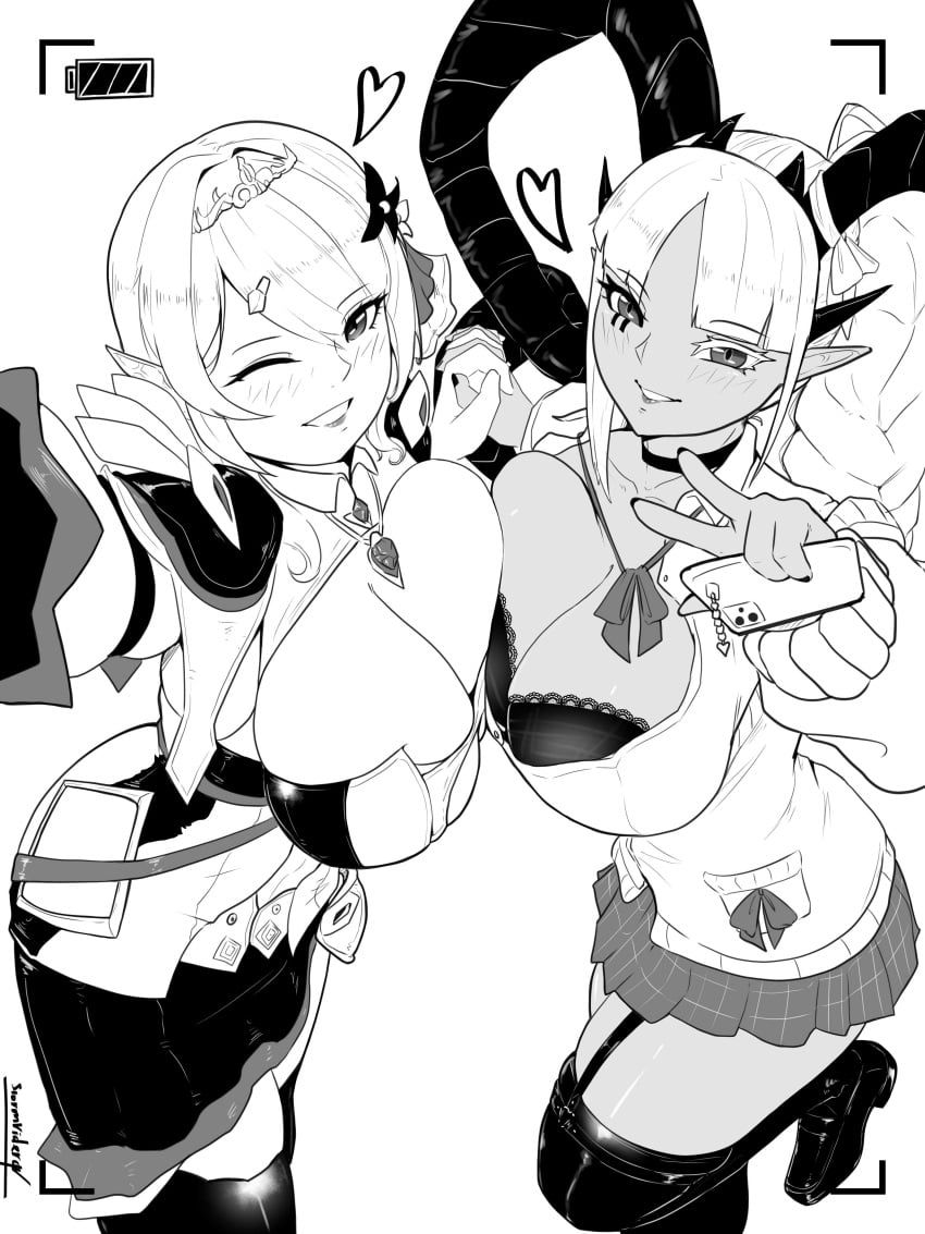 big_breasts blush breast_frottage breasts breasts_squeezed_together dark-skinned_female dark_skin elara_(vtuber) elf elf_ears elf_female grayscale greyscale heart holding_hands huge_breasts indie_virtual_youtuber line_art lipstick monochrome one_eye_closed phone recording ruzuu selfie short_hair virtual_youtuber