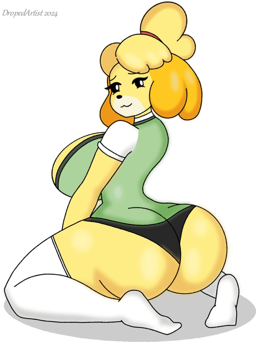 animal_crossing ass back_view big_ass big_breasts black_thong breasts dropedartist furry furry_female furry_only isabelle_(animal_crossing) kneeling looking_at_viewer looking_back smile thong yellow_fur