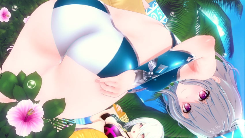 2020 2girls armband ass ass_focus beach_towel bikini breasts cloud clouds flower flowers gray_hair grey_hair hat ice_cream idola_phantasy_star_saga innertube koikatsu palm_tree phantasy_star_online phantasy_star_online_2 pink_eyes plant popona sand sega short_hair sky swimsuit tagme tagme_(character) tree trees virtual_youtuber water water_drop white_hair winged_hat wristband