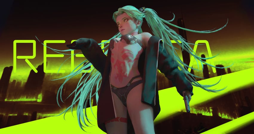 3d belly_button clothing cyberpunk:_edgerunners d_mi24 female firearm green_hair handgun human open_jacket pale_skin panties petite petite_body petite_female rebecca_(edgerunners) red_eyes slim_waist small_breasts teenager tied_hair underboob underwear viewed_from_below weapon