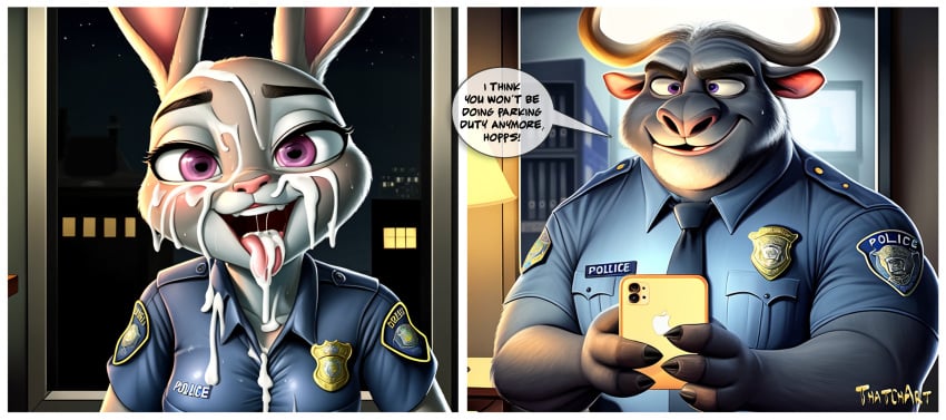 ai_generated chief_bogo cum_in_mouth cum_on_face facial judy_hopps tongue uniform zootopia zootropolis