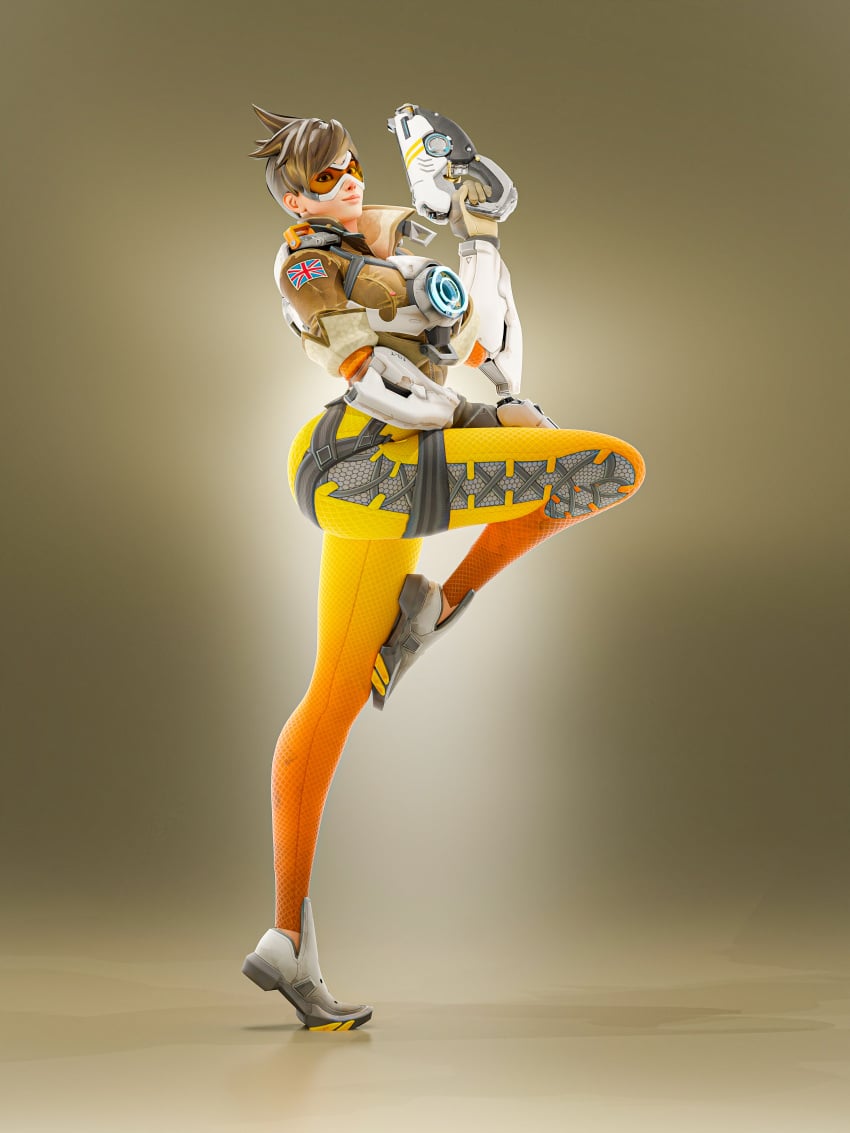 3d 3d_(artwork) 3d_model electrotoyy looking_at_viewer overwatch overwatch_2 pose showing_off simple_background tracer white_background