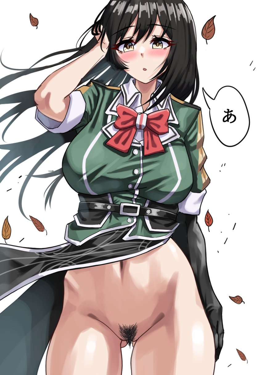 akasaka_kazuo blush blushing bottomless bottomless_female bow chikuma_(kantai_collection) exposed exposed_pussy going_commando hand_on_head kantai_collection no_panties pubic_hair pussy revealing revealing_clothes uniform windy windy_dress windy_skirt