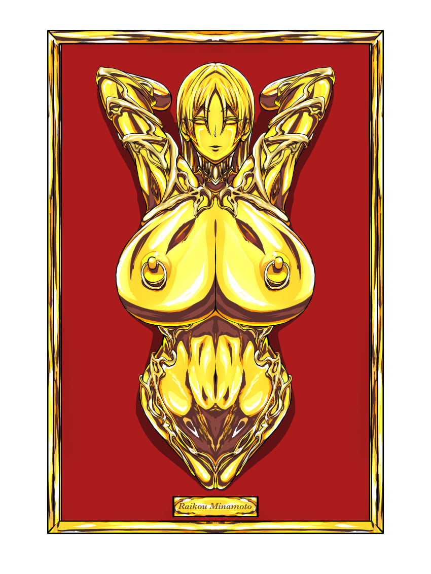 arms_behind_head ball_gag belly_button big_breasts breasts emotionless empty_eyes fate/grand_order fate_(series) gold_(metal) gold_statue green_eyes huge_breasts ierou_yellow immobile immobilized long_hair metal_body metal_breasts metal_hair metal_skin metallic_body minamoto_no_raikou_(fate) minamoto_no_raikou_(fate/grand_order) naked naked_female name_plaque name_tag navel neck_brace nipple_rings nude nude_female open_mouth petrification restrained restrained_to_wall shiny_skin statue trophy variant variant_set wall